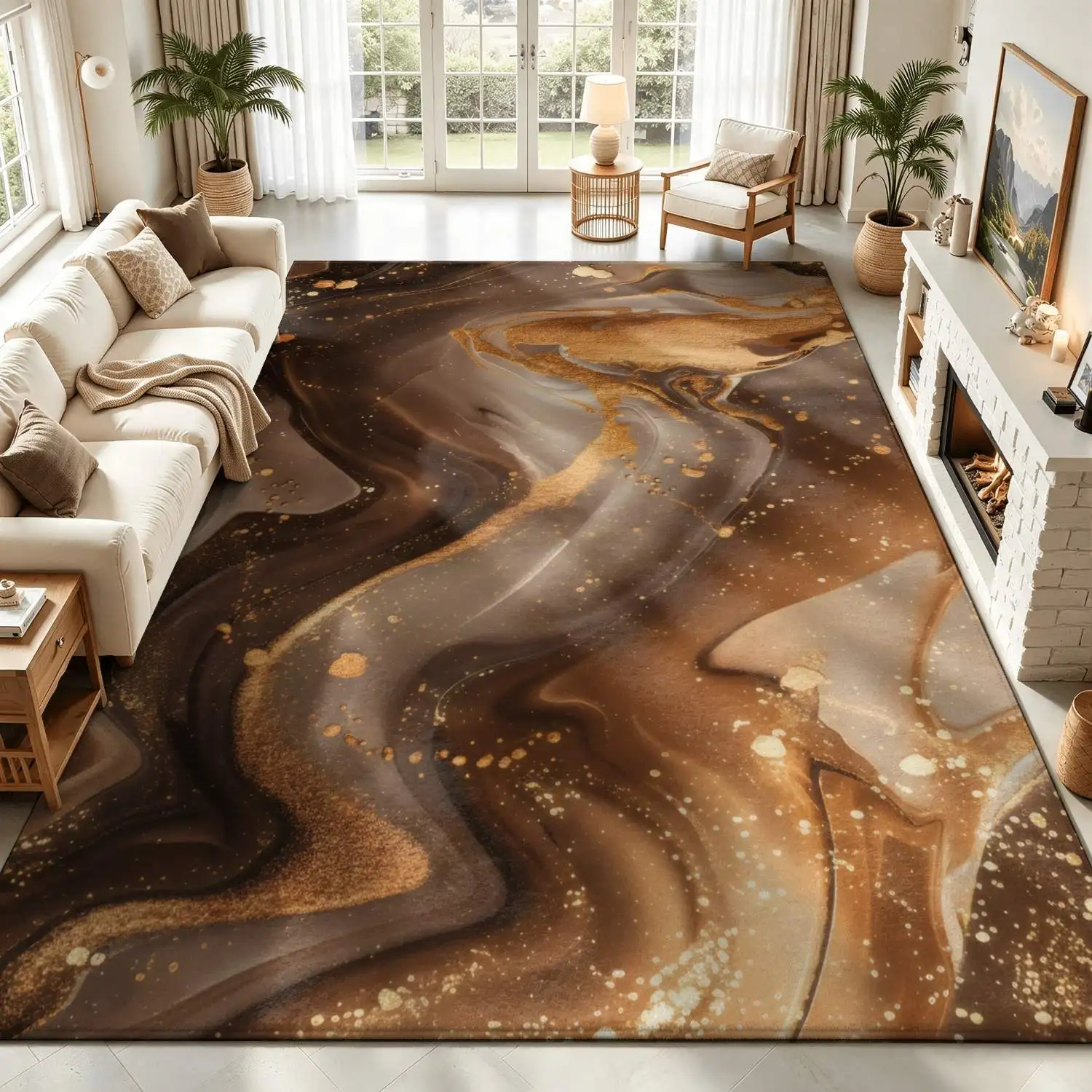 1Pc 2D Printed Carpet: Brown-Grey-Black-Gold Abstract Art Pattern, European/Modern Minimalist/Instagram Style, Machine Washable, Multi-Size Home Decor Floor Mat for Living Room, Bedroom, Dining Room, Entrance, Study
