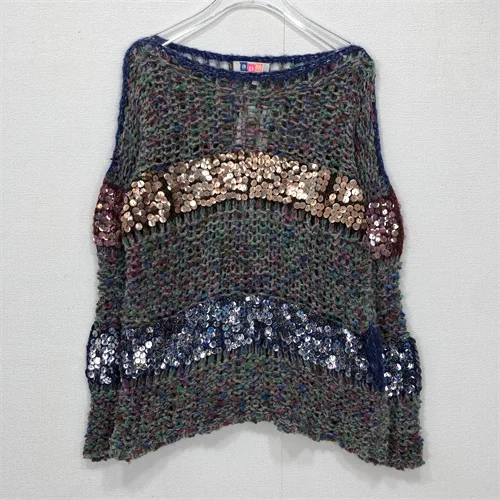 빈티지 수제 꽃무늬 여름 스웨터, 속이 비치는 니트 롱 스웨터, 브이넥 루즈핏 스웨터, 숄더 태슬 장식