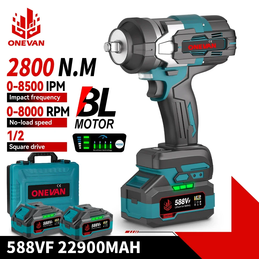 ONEVAN 2800N.M Brushless Electric Impact Wrench 2800W 1/2 Inch Cordless Wrench Screwdriver Power Tool For Makita 18V Battery