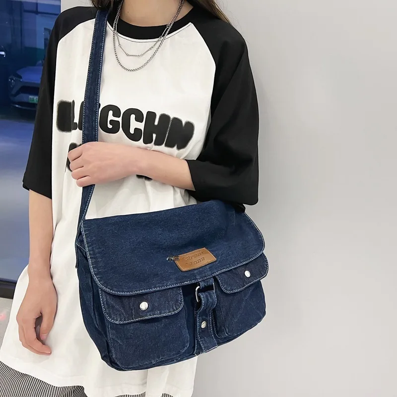 Vintage Simple Denim Bag Washed Cowboy Shoulder Crossbody Bag Women Student Leisure Travel Messenger Bag Japanese Purse Handbags