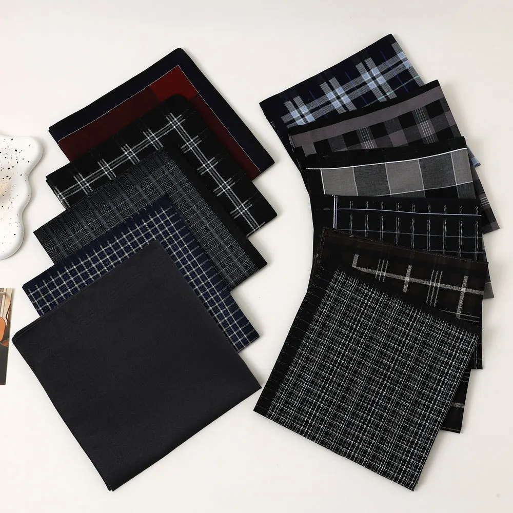 11Pcs Men's Pure Cotton Handkerchief Classic Yarn-dyed Plaid Old-fashioned Thin Absorbent Sweat Towel Stylish and Elegant