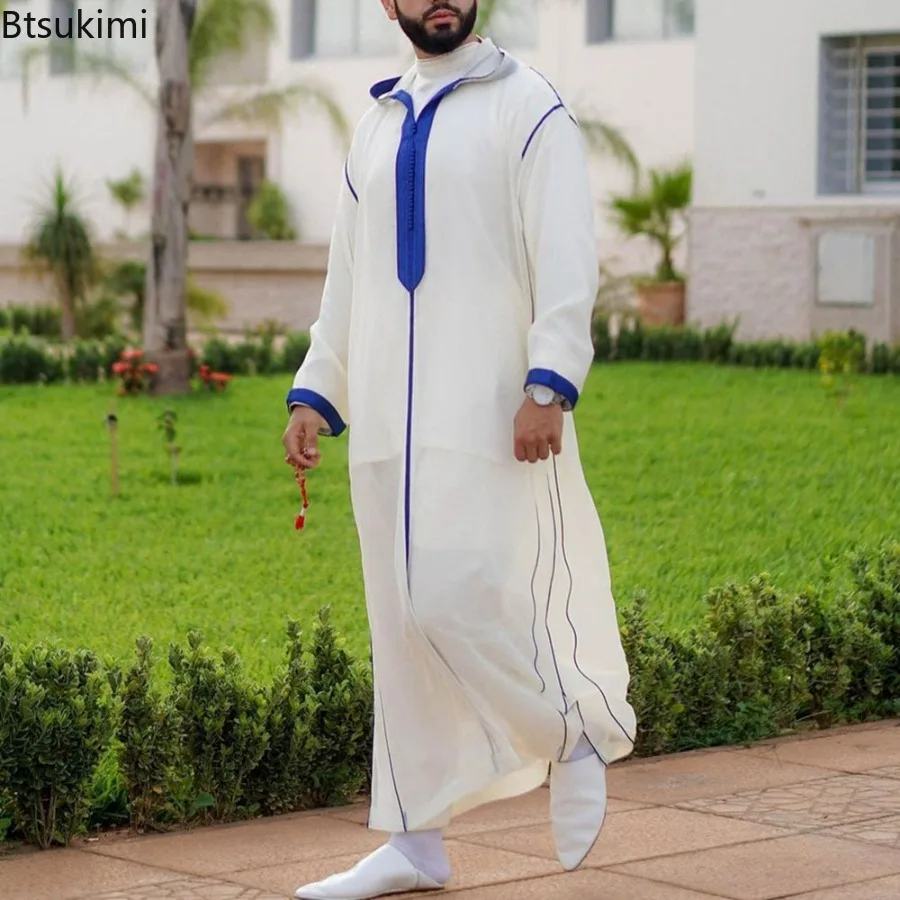 Nieuwe Mannen Moslim Jubba Thobe Patchwork Gestreepte V-hals Lange Mouwen Caftan Dubai Gewaad Vintage Islamitische Arabische Mannen Kaftan Mannen 'S Gift