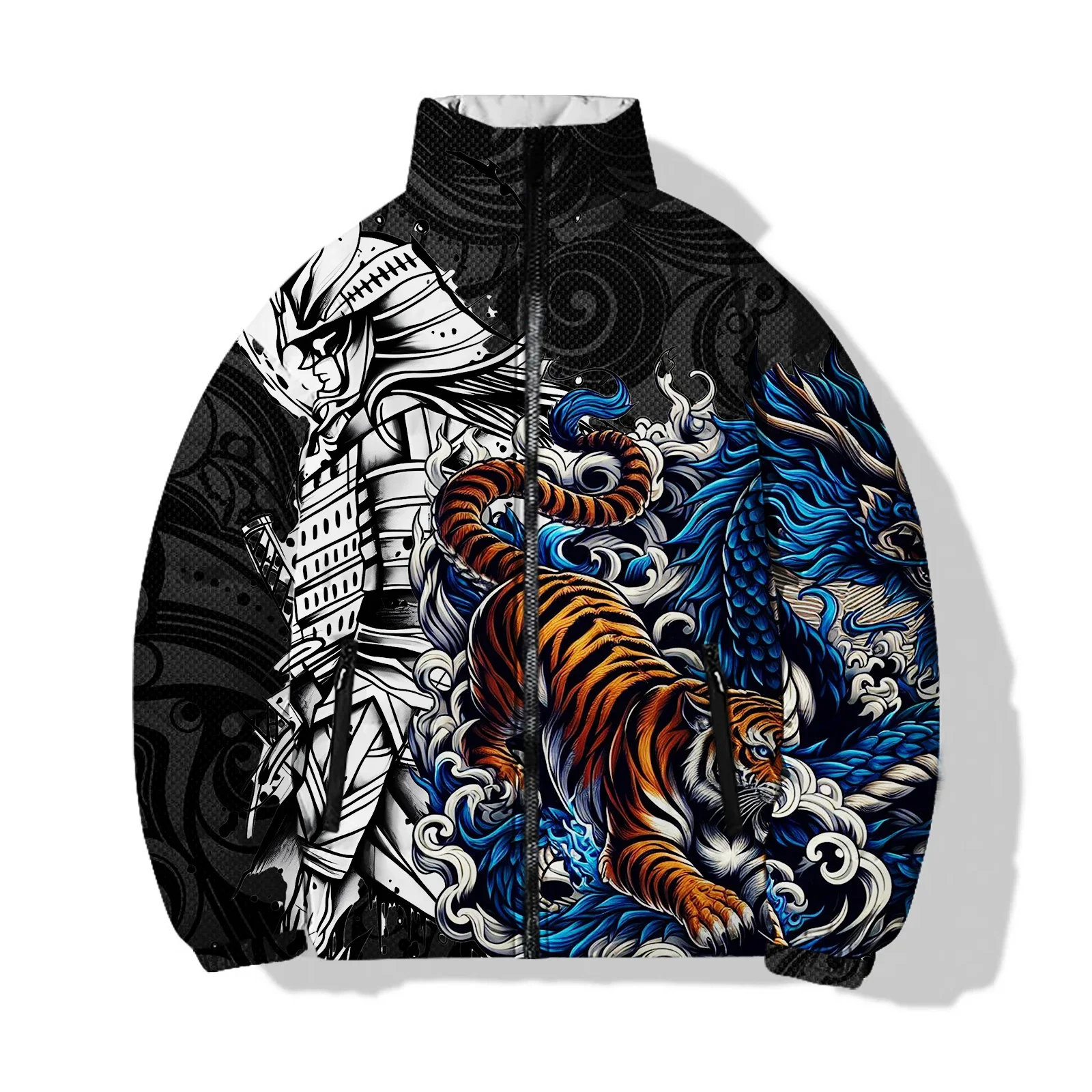 Men\'s Winter Casual Cotton Coat Parka Harajuku Streetwear Tiger and Lion Print Jacket Jackets Man Mens Clothing Coats Cold