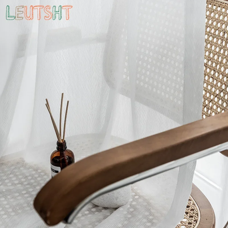 Custom Size Herringbone Wood Grain Japanese Style Modern Simple Nordic White Gauze Curtain Light-proof and Opaque Tulle