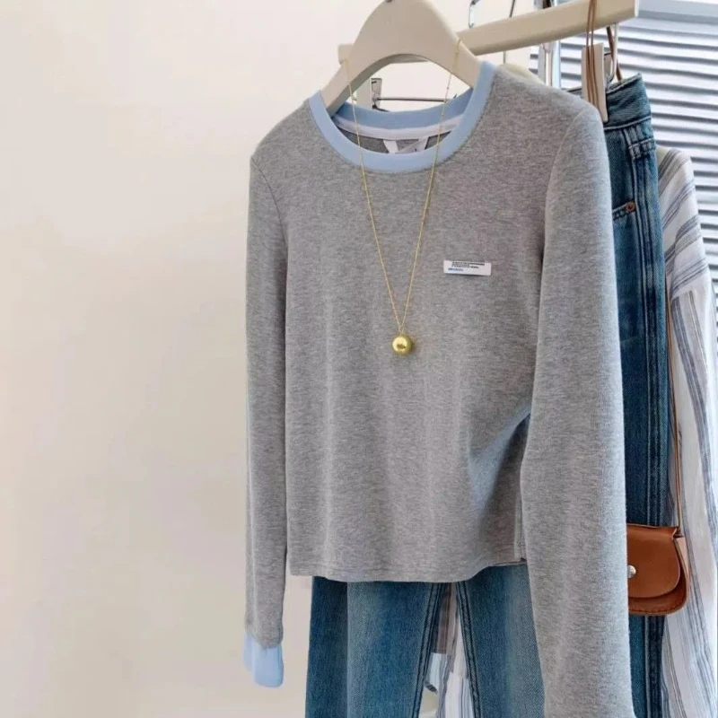 여성용 그레이 대비 페이크 투피스 어깨 긴팔 티셔츠, 독일 벨벳 베이스 셔츠, 작은 짧은 상의, 가을 겨울