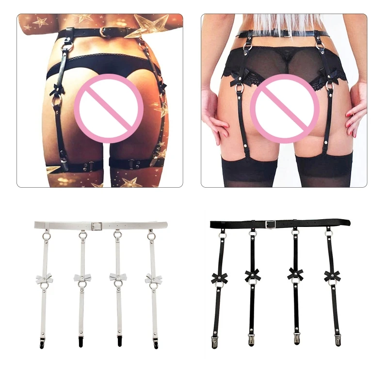 Women PU Leather Bowknot High Waist Garter Belt Suspenders Metal Clip for Stockings