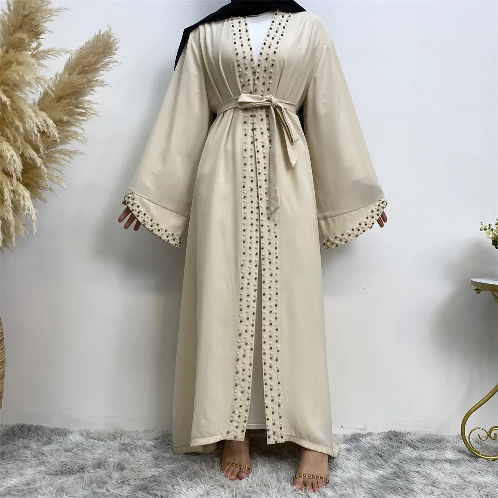 Abaya Women Eid Dress Cardigan Robe Lace Up Beaded Dresses Morocco Open Abayas Dubai Muslim Jalabiya Ramadan Kaftan Vestidos