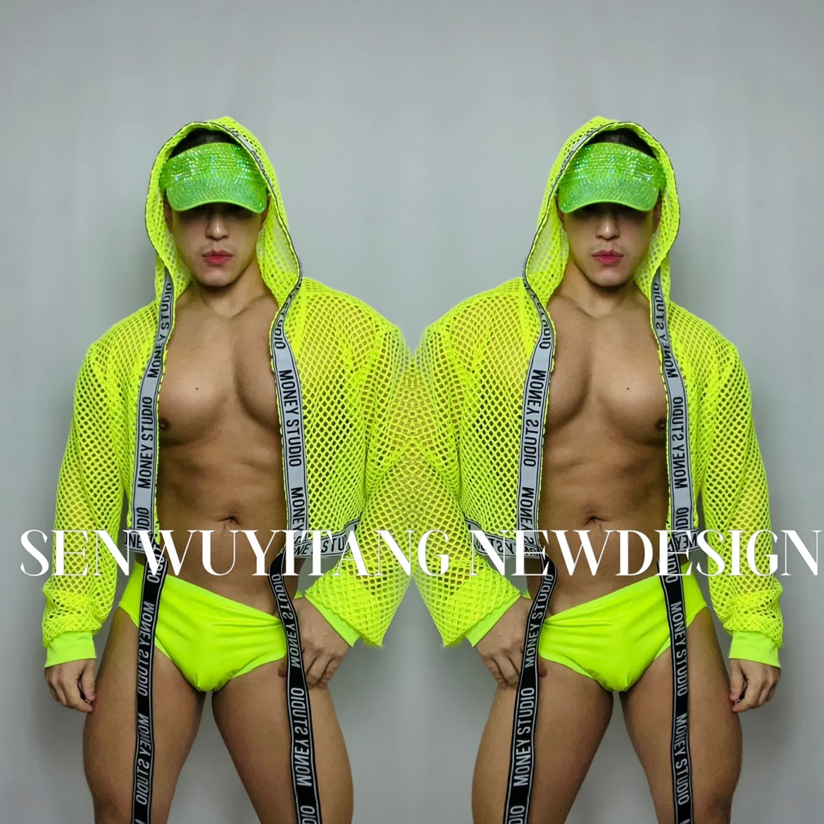 Fluorescent Green Sexy Mesh Letter Hooded Coat Shorts Show Set Bar Nightclub Singer Dance Team Atmosphere Lead Fashion Tracksuit