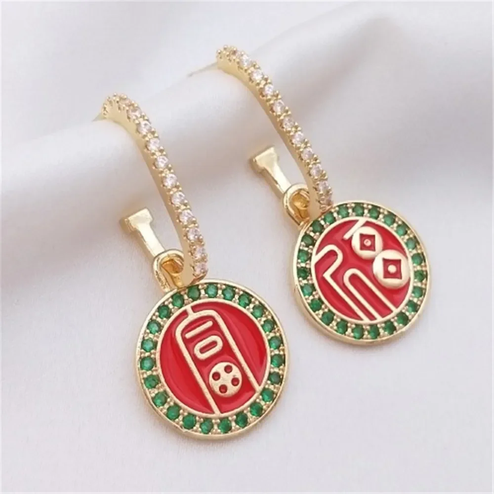 

Drop Oil Inlaid Zircon Hanging Tag Happy Chinese Wind Earrings 925 Silver Needle 14K Gold Earrings E227