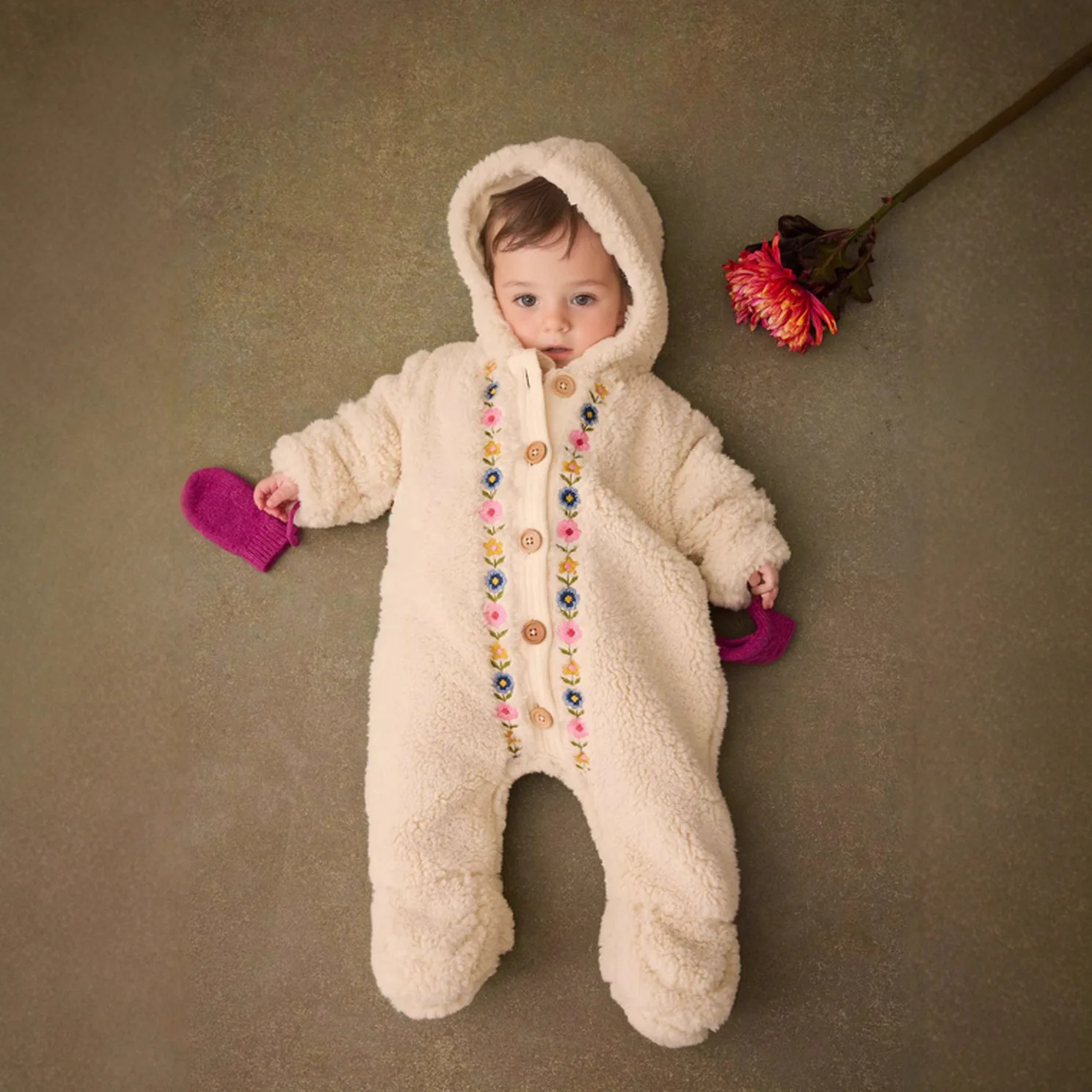 

Fall/Winter 2025 New Baby Jumpsuit Cute Embroidered Warm Hooded Plush Long Sleeve Crawling Suit