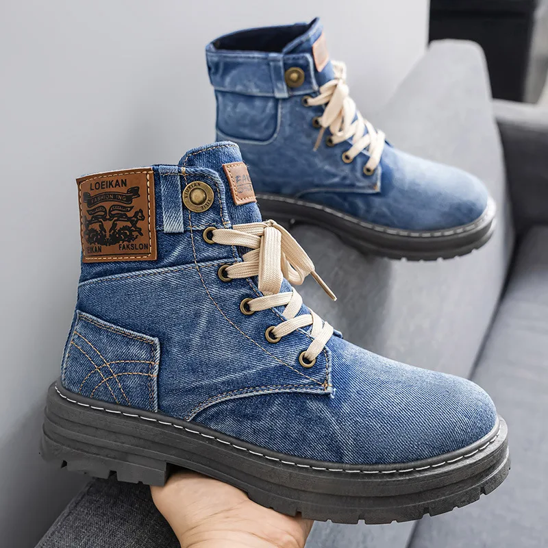 

Дышащие мужские джинсовые повседневные ботинки с высоким берцем, рабочая одежда в британском стиле, модная мужская обувь, уличные мужские ботинки для инструментов