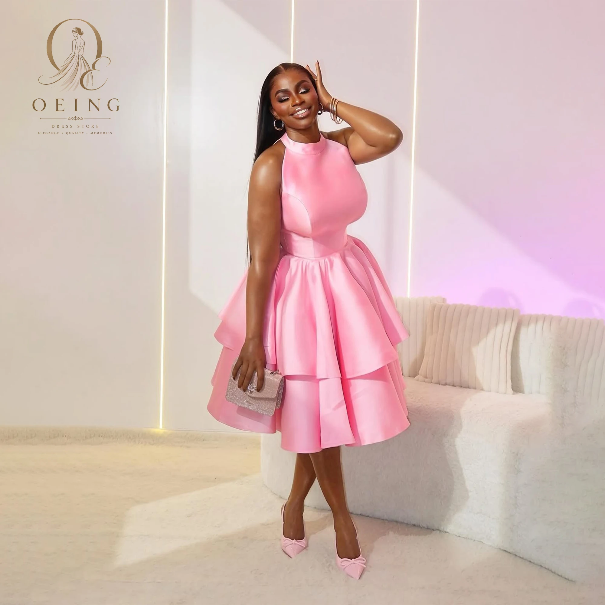 Pink Satin Halter Neck Midi Evening Dress Layered Ruffle Skirt African Party Gown Custom Size Color Plus‑Size for Wedding Guest