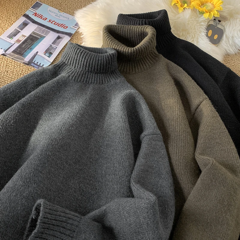 

Мужской утепленный вязаный свитер темно-серого цвета с высоким воротником, зимний теплый базовый слой, модный городской стиль, с длинным рукавом, круглый вырез горловины