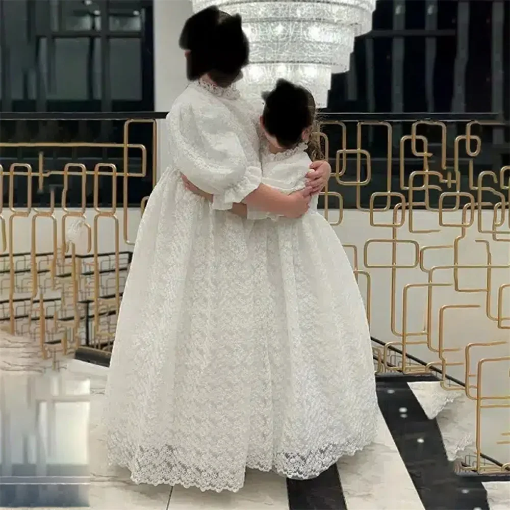 Vestido de primeira comunhão com apliques personalizados, elegante, luxuoso, gola alta, linha longa, meia manga, comprimento até o chão, vestido de flor para meninas