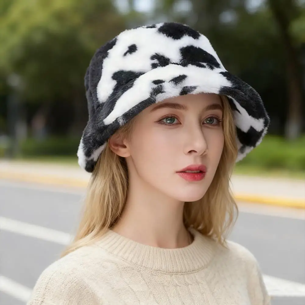 Winter Bucket Hat Women's Fashion Milk Cow Grain Panama Warm Hats Female Vintage Faux Fur Fisherman Cap Hats For Women Casual