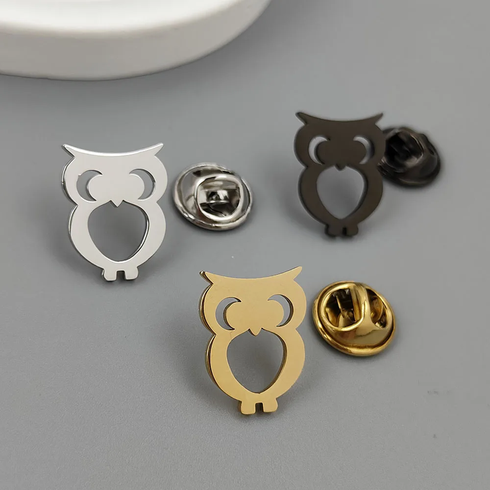 316L Stainless Steel 18K Gold Plated Owl Lapel Pin Hollow Animal Brooch Shirt Collar Pin Fashion Jewelry Gift