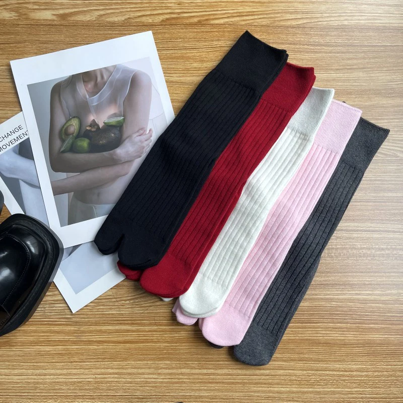 Wide Vertical Stripe Double Needle High Rubber Band Solid Color Two Toed Socks Split Toe Mid Tube Spring/Autumn Mid Tube Socks