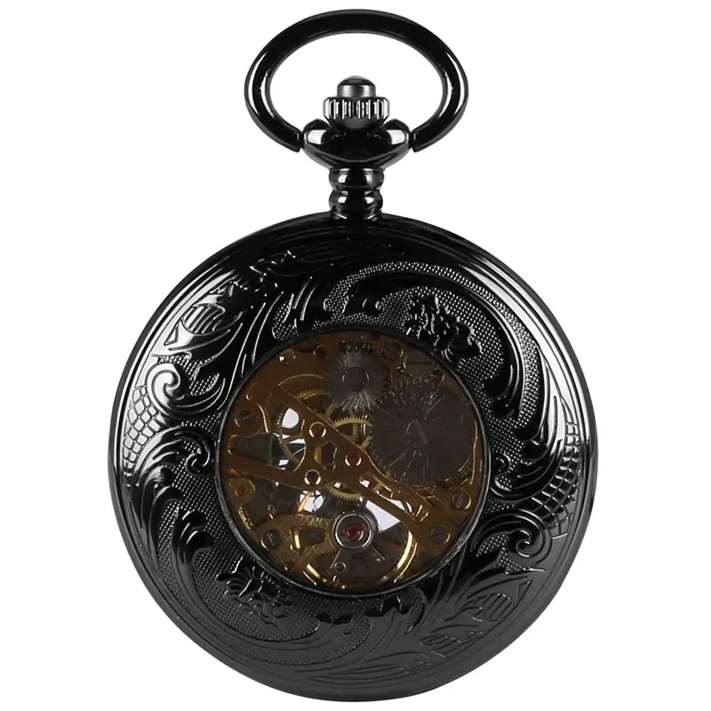 Antique Full Black Unisex Handwind Mechanical Pocket Watch Arabic Number Dial Manual Skeleton Clock Pendant Chain Collectable