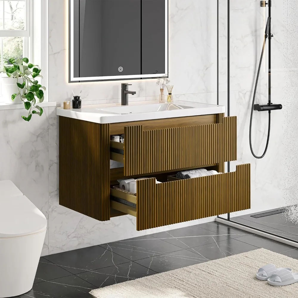 غرور حمام حديث مع مجموعة حوض، حمام عائم منحني مع درجين إغلاقين ناعمين، زينة حمام مثبتة على الحائط #5