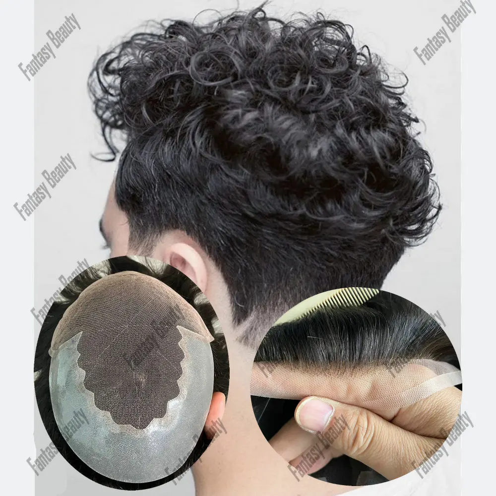 20mm keriting q6renda PU pria prostesis berenda sejuk wig rambut manusia sistem rambut untuk pria wig rambut palsu garis depan alami