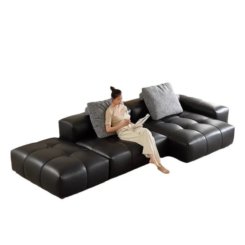 

Pixel black full leather Italian minimalist living room large flat floor inline sofa