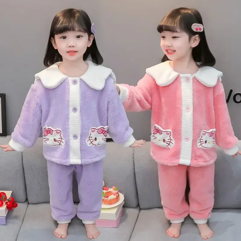 Sweet Hello Kitty Anime Sanrio Kawaii Lange Mouw Jas Panst Pyjama Schattige Baby Dik Koraal Fluwelen Homewear Kleding Geschenken Speelgoed