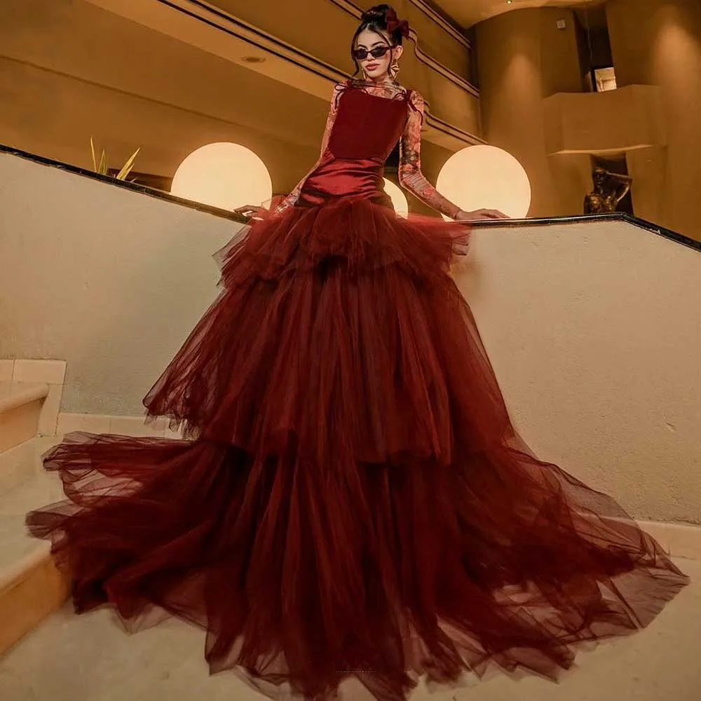

Trendy Red Carpet Skirt High Waist Tiered Tulle Evening Party Skirt Customized Sweep Train Long Event Gala Skirts Faldas Saia
