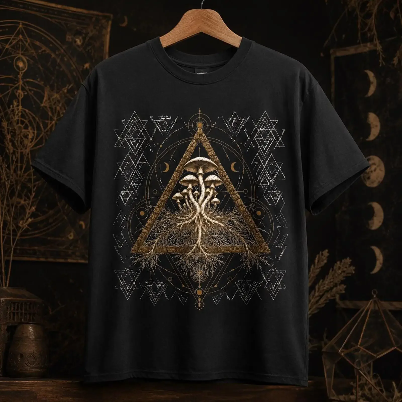 Mystisches Pilz-T-Shirt mit heiliger Geometrie, psychedelischer Wald, Boho-Natur, Vintage, gewaschen, Herren-Designer-Kleidung, Stretch