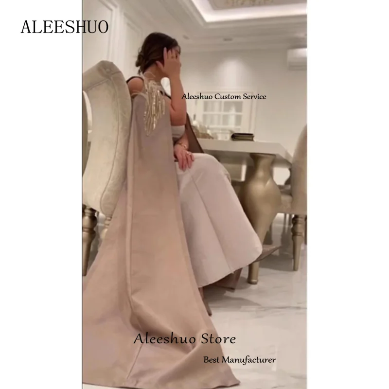 Aleeshuo Champagne Dubai Arabia Evening Dress Sleeveless Elegant Crystal Feathers Evening Gown Strapless Formal Dress Customized