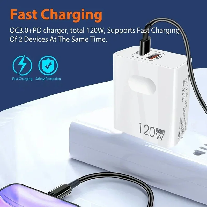 Xiaomi 120W Fast Charger USB Type C PD 6A Cable Fast Charging Quick Charge 3.0 Adapter For iPhone Xiaomi Samsung Cellphones