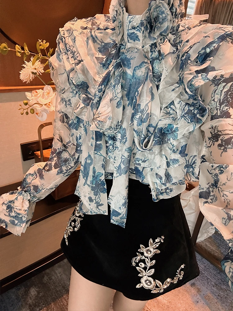 Ele BETTER LS Women's Silk Chiffon irt Floral Print Stand Collar Bell Sve Top Korean Sle Commute Faion Premium F...