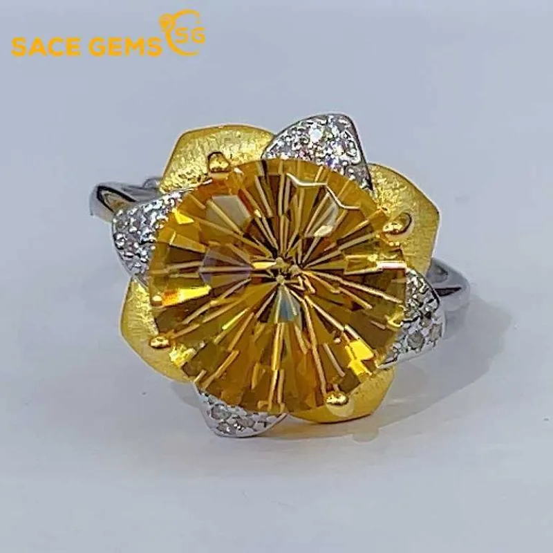 SACE GEMS New Luxury Trendy 925 Sterling Silver 12MM Natual Citrine Rings for Women Engagement Cocktail Party Fine Jewelry Gift