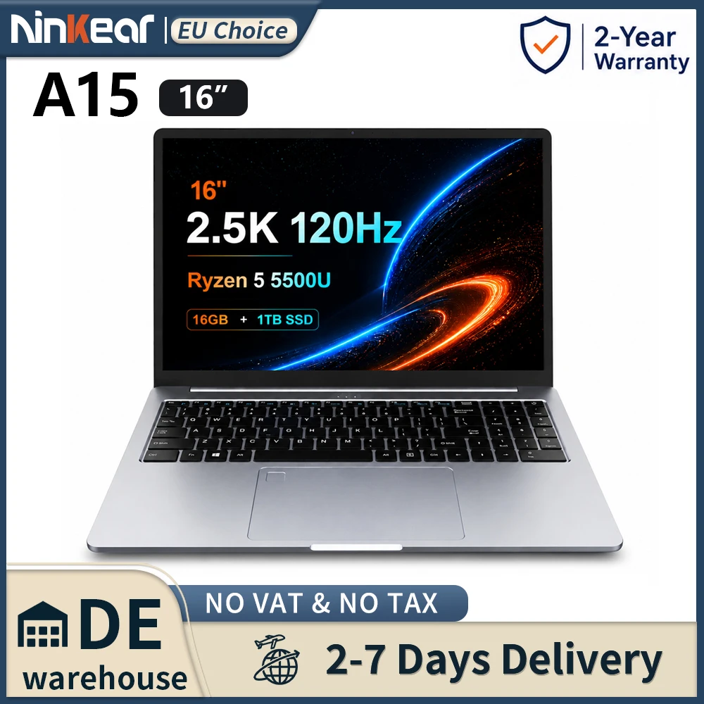 Ninkear A15 Pro Portátil AMD Ryzen 5 5500U 16GB RAM 1TB SSD 16 pulgadas 2.5K 120Hz IPS Metal Windows 11 WiFi6 Huella dactilar Oficina Negocios Gaming Laptop