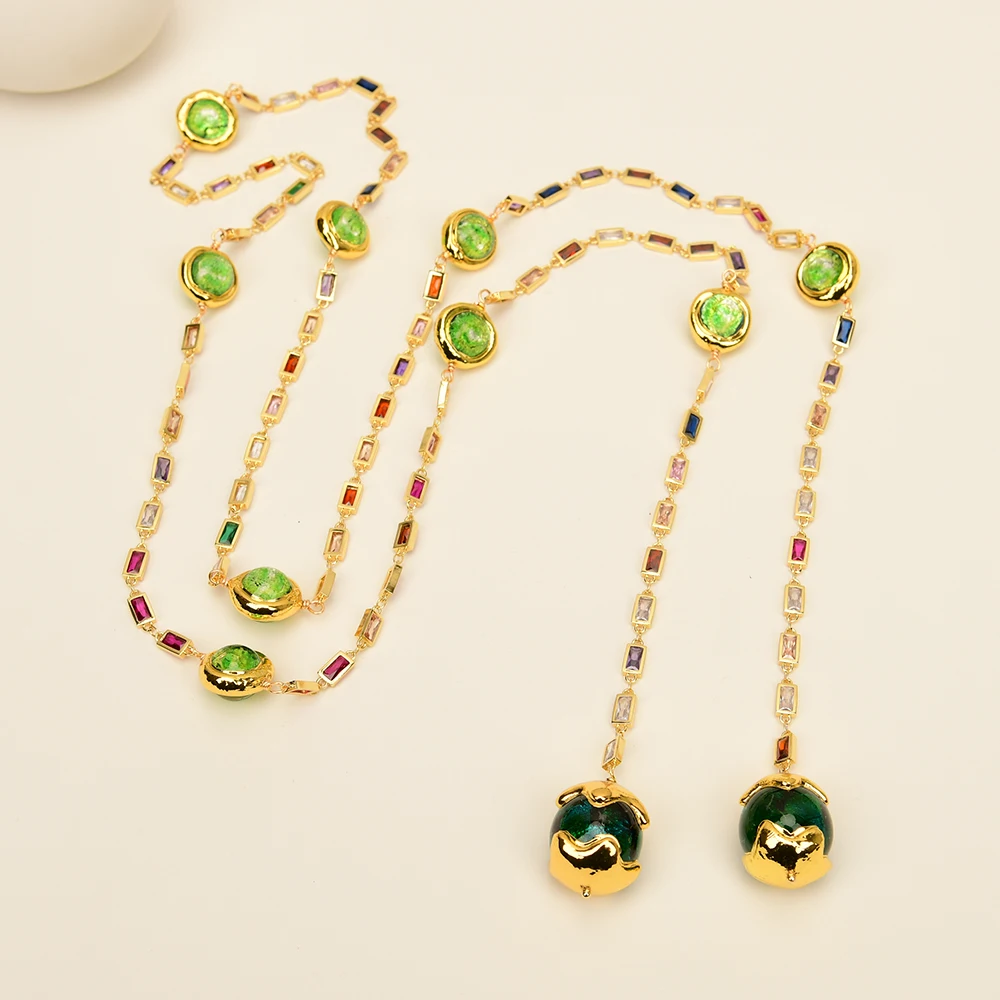 52'' Green Murano Glass Gold Plated Edge Mixed Color Rectangle Cz Pave Long Chain Party Sweater Chain Necklace