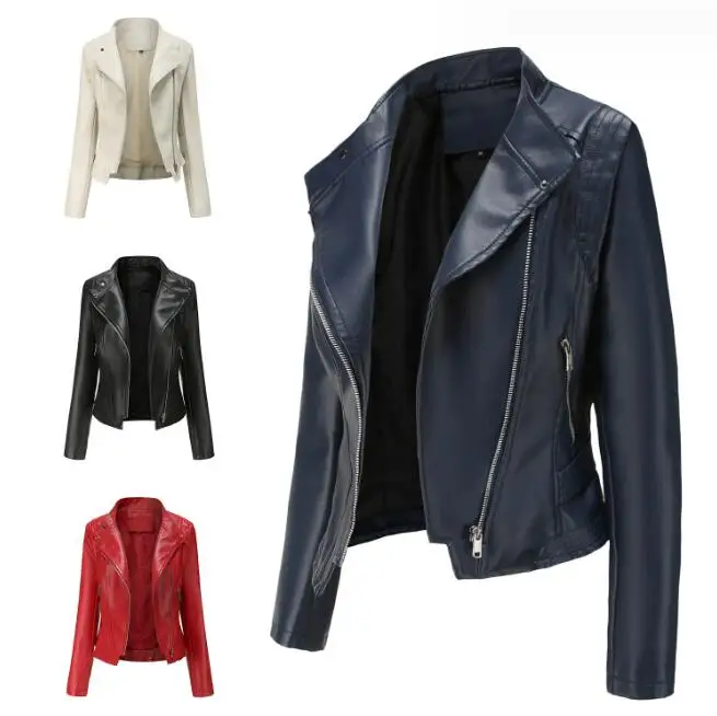 Women Zipper Jacket 2024 Spring Motorcycle Faux Leather Jacket Women Autumn Coat New Outerwear Red Beige Black