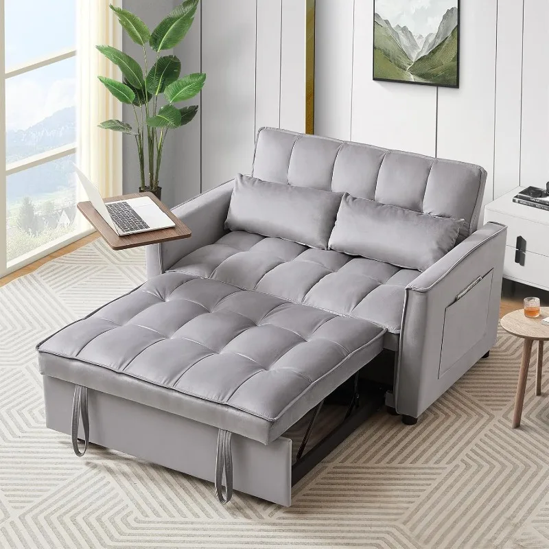 

Velvet Sleeper Sofa Bed with Side Table, 3-in-1 Pull Out Loveseat with Adjustable Backrest, Modern Futon Couch with 2 Pockets an