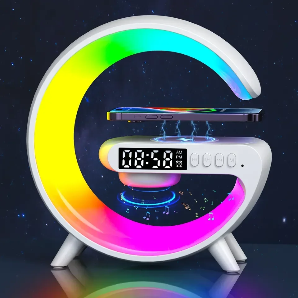 New Wireless Fast Charger with Blue Tooth Speaker Smart Alarm Clocks Sound Light Desk Table Lamp Gift Night for Dorm Kids Adults