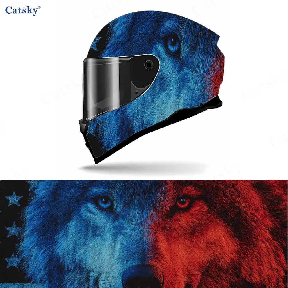 

Blue and Red Wolf - Stars Design Motorcycle Helmet Decal, Waterproof Self-adhesive Helmet Vinyl Wraps Sticker, Cool DIY Graffiti