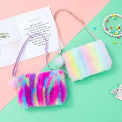 Borsa a tracolla in peluche arcobaleno borse in pelliccia colorata borse a tracolla moda donna borse a mano per ragazze cinture regolabili cartelle pelose