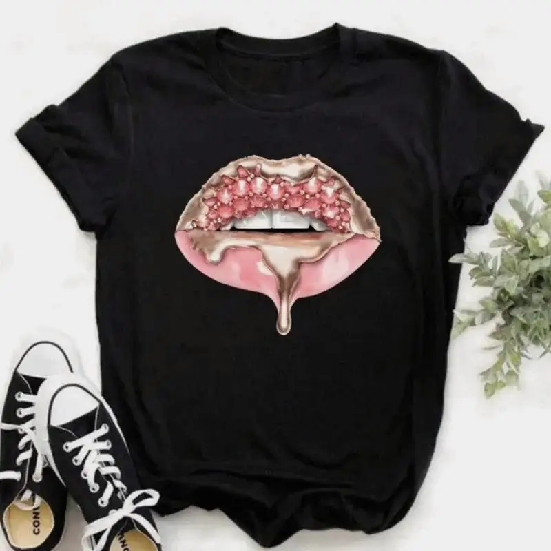 Women Summer Short Sleeve Tshirts Fashion Red Lips Finger Print Ladies T-shirts Top Cartoon Womens Graphic Tees T-Shirts