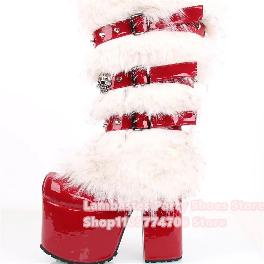 Red Patent Leather Punk Belt Buckle Rivet Decoration Sponge Cake Thick Bottom Thick Heel Winter New Warm Furry Knee High Boot