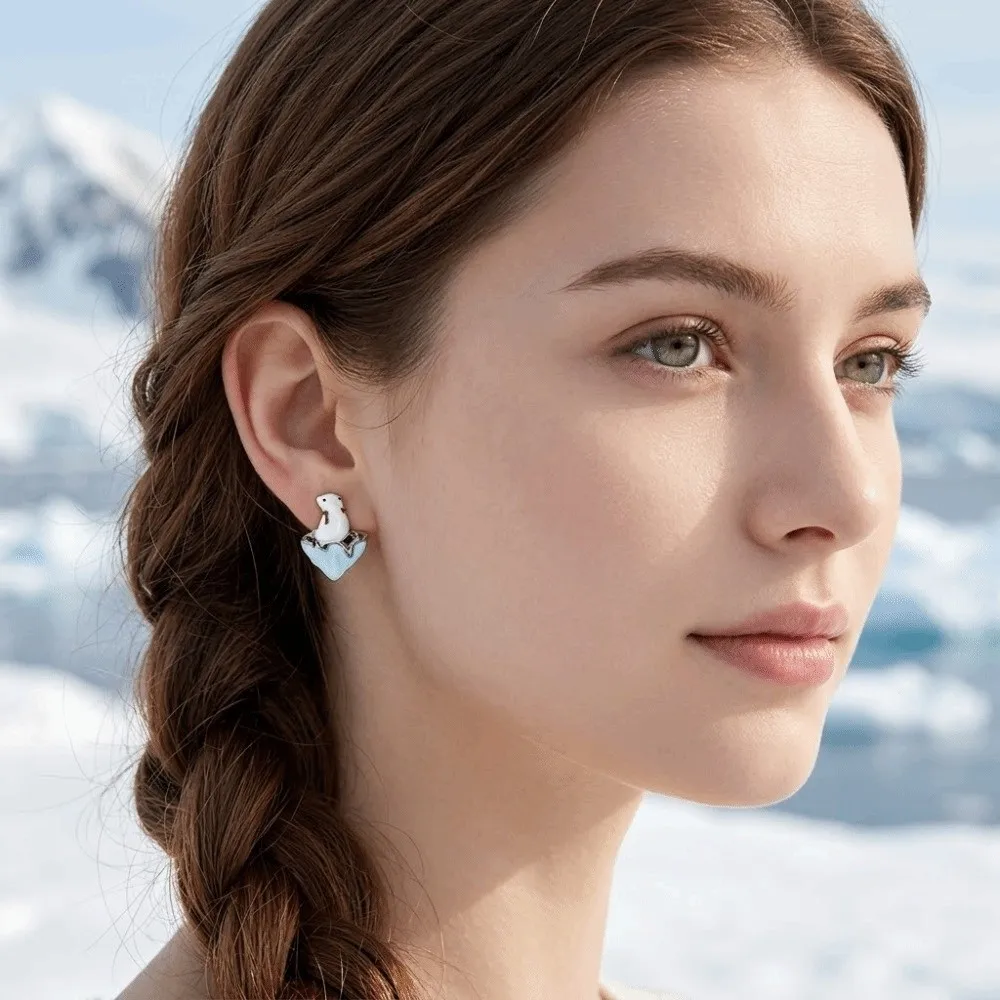 Enamel Polar Bear Stud Earrings Childishness Unique Melting Icebergs Earrings Silver Studs Creative Greenism Ear Studs Gift