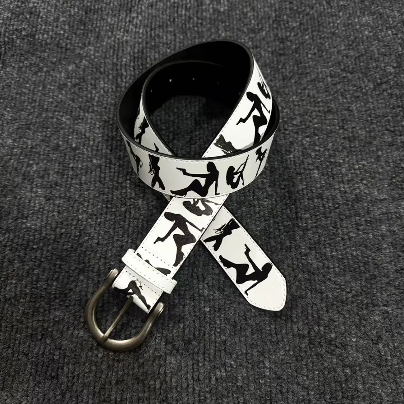 Punk Street Style Women PU Belt White Base Black Human Silhouette Print Unisex Vintage D Buckle Decorative Waist Strap Waistband