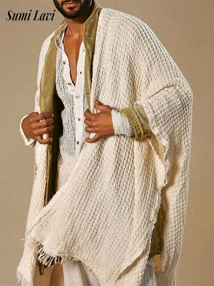 

Summer Stylish Mens Solid Color Shawl Capes Bohemian Vintage Loose Cardigan Tops Men Vacation Seaside Beach Breathable Thin Cape