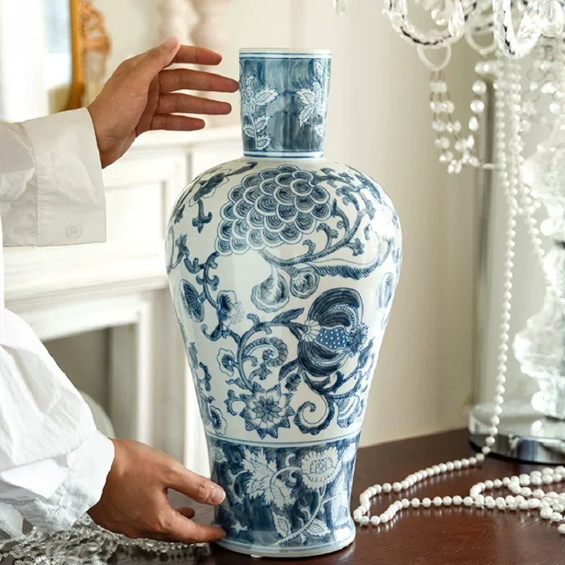 42.5cm/Blue and white porcelain vase, underglaze color hand-painted ceramic ornament, new Chinese style light luxury living room