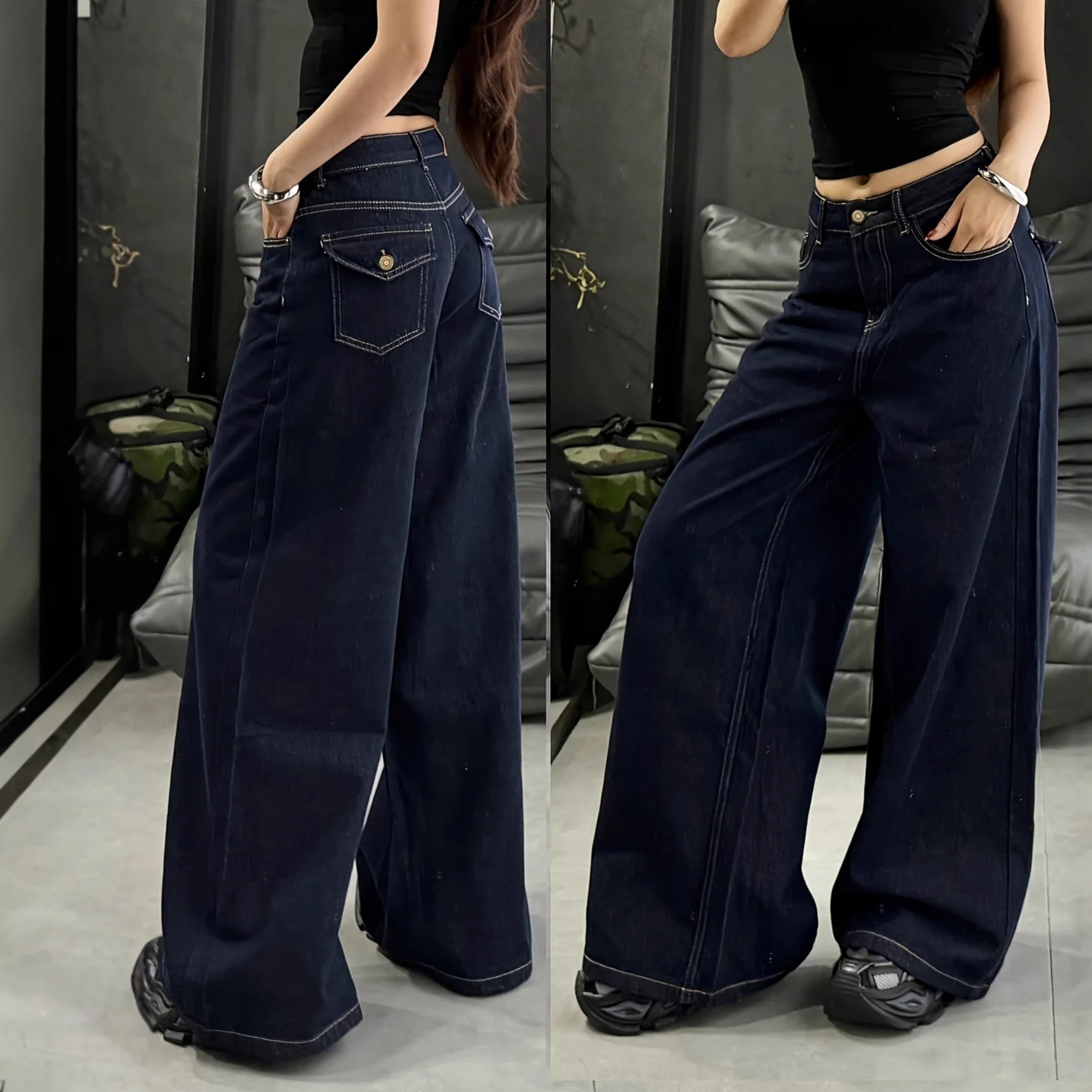 

Denim Jeans Women Solid Jean Full Length Button Pocket Zipper Fly Mid Waist Wide Leg Pants Slight Strech Streetwear 2025 Autumn