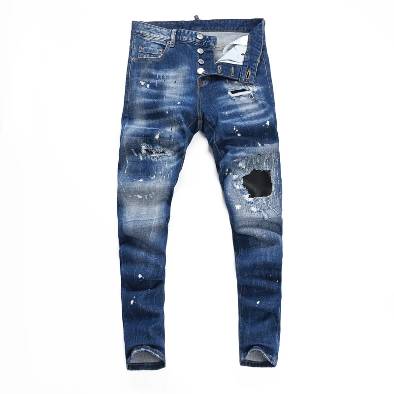 Designer Y2KFashion New Men's Retro Blue Jeans Painted Washed Nostalgic Perforated Patch Elastic Slimming Jeans Hip Hop Brand H