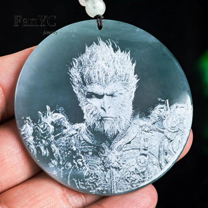 Natural Myanmar Jadeite Blue Water Shadow Carving Wukong Pendant Exquisite Personalised Ice Necklace Men's and Women's Gifts 3