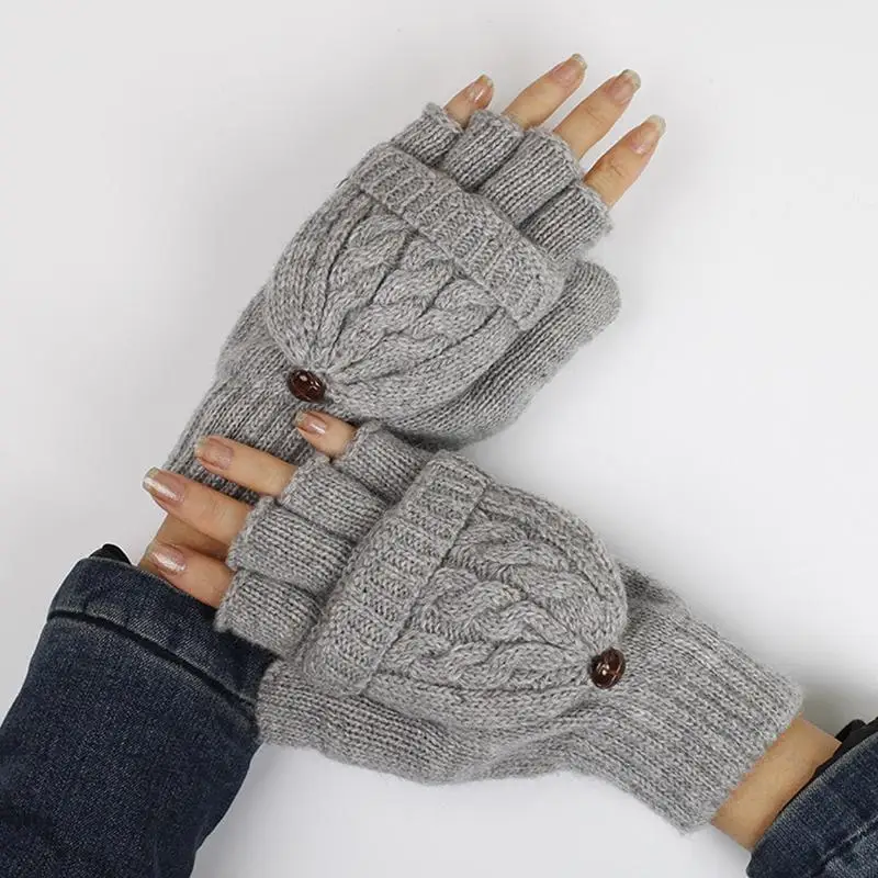 77HE Winter Men's Jacquard Fingerless Flap Wool Knit Gloves Sports Fitness Elastic for Touch screen Thicken Black Gray Coffee