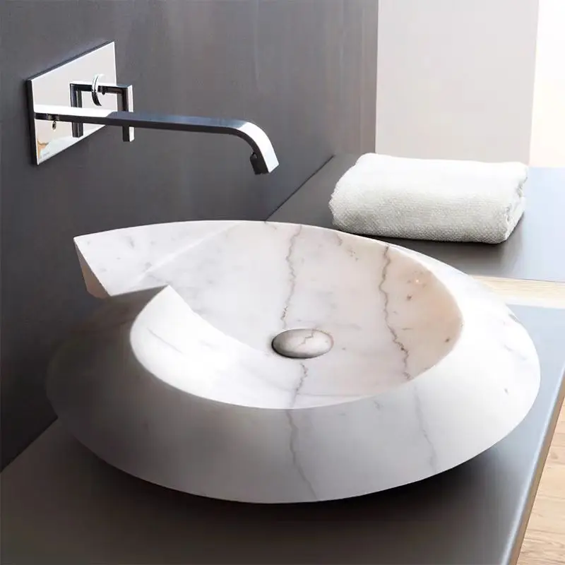 Above the counter custom handmade modern design irregular unusual unique wash basin sink approved bathroom with white marble